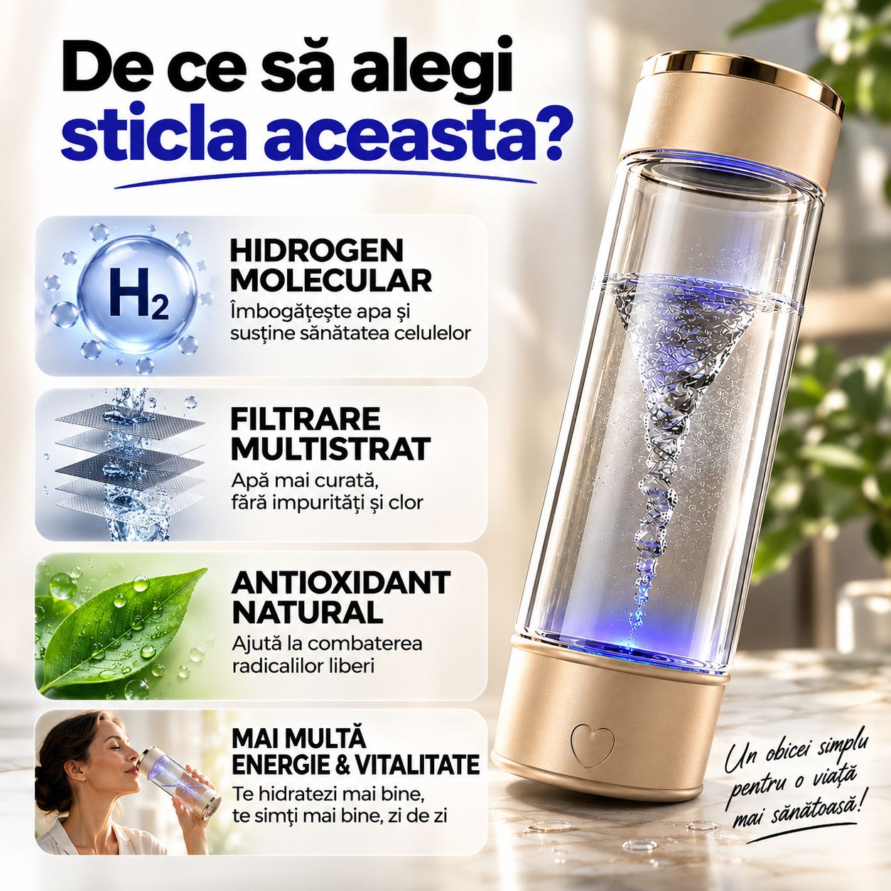 Sticla filtranta de apa hidrogenata